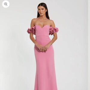 Mac Duggal Pink Crepe Off The Shoulder Gown With 3D Flowers PROM | Wedding Guest